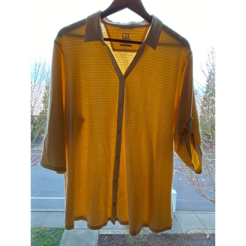 Cutter & Buck Shirt Womens XXXL Yellow Striped DryTec Cotton Roll Tab